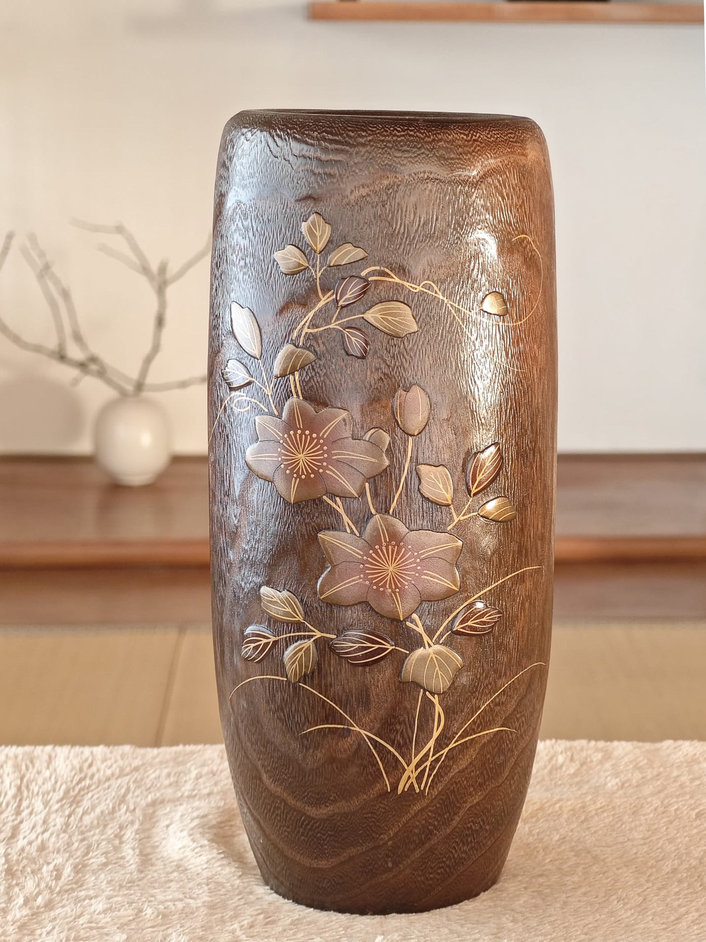 Wooden Vase with Lacquer Florals