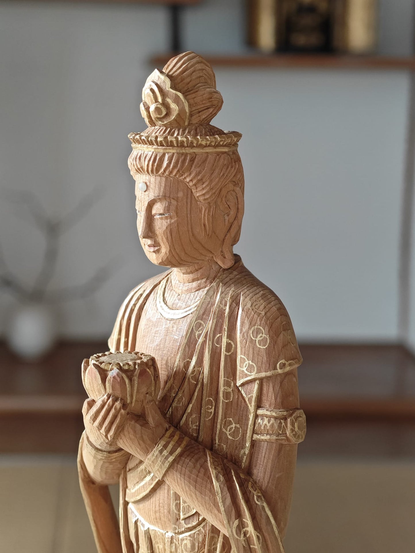 Wooden Guan Yin with Gold Leaf Painting