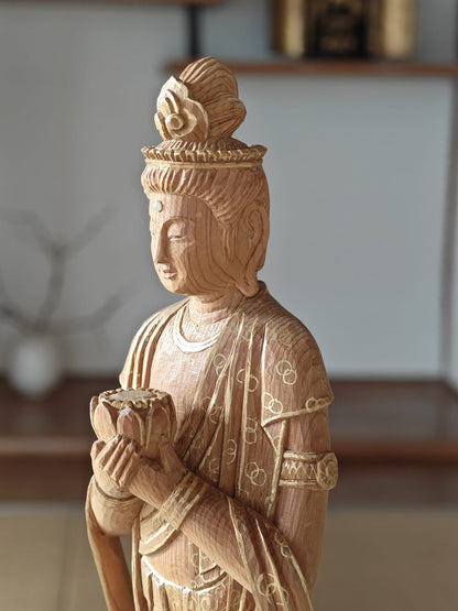 Wooden Guan Yin with Gold Leaf Painting