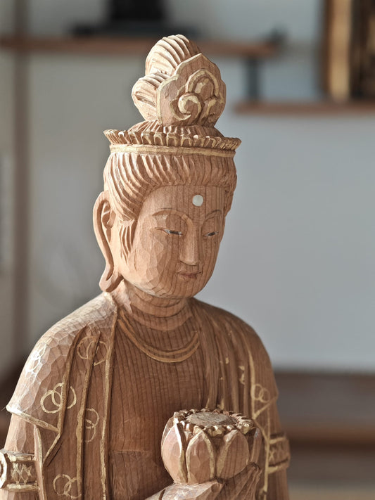 Wooden Guan Yin with Gold Leaf Painting
