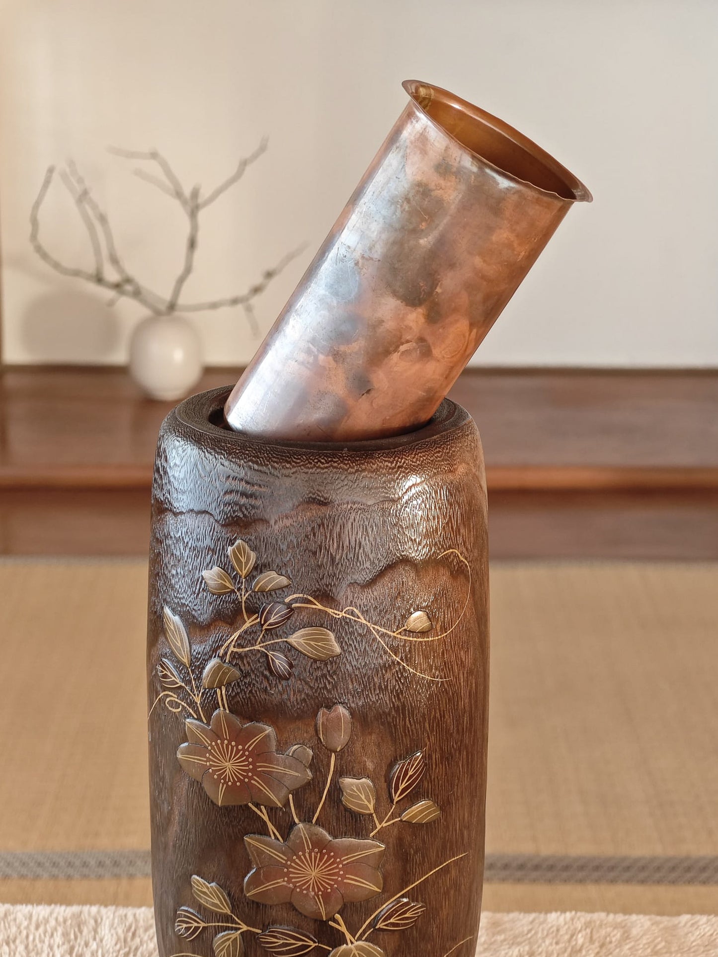 Wooden Vase with Lacquer Florals