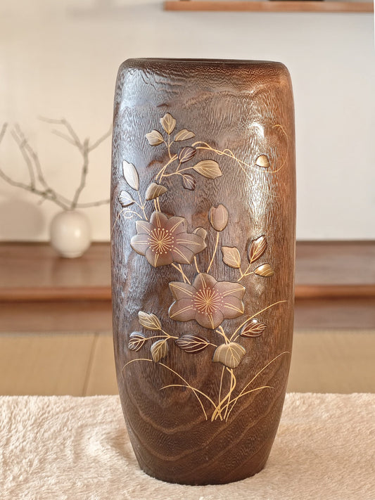 Wooden Vase with Lacquer Florals